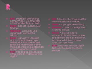  RAR: Extensión de ficheros
comprimidos. El compresor
correspondiente es el RAR.
 Raster: Tipo de imagen (ver
BitMap).
 Rasterizar: Convertir una
imagen de vectorial a
bitmap.
 Ratón: Dispositivo utilizado
para comunicarse con el
ordenador. Permite señalar
zonas de la pantalla, como
modo de indicar al ordenador
lo que deseamos hacer.
 RDSI: Red Digital de Servicios
Integrados: la red telefónica
digital
 RAR: Extension of compressed files.
The compressor for the RAR.
 Raster: Image Type (see BitMap).
 Rasterize: Convert an image from
vector to bitmap.
 Mouse: A device used to
communicate with the computer.
Lets point out areas of the screen,
as a way to tell the computer
what you want to do.
 ISDN: Integrated Services Digital
Network, the digital telephone
network
 