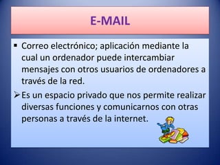 E-MAIL
 Correo electrónico; aplicación mediante la
  cual un ordenador puede intercambiar
  mensajes con otros usuarios de ordenadores a
  través de la red.
Es un espacio privado que nos permite realizar
  diversas funciones y comunicarnos con otras
  personas a través de la internet.
 