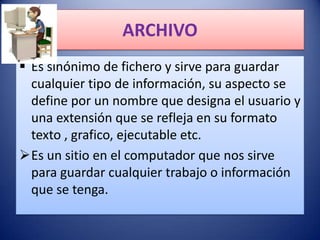 ARCHIVO
 Es sinónimo de fichero y sirve para guardar
  cualquier tipo de información, su aspecto se
  define por un nombre que designa el usuario y
  una extensión que se refleja en su formato
  texto , grafico, ejecutable etc.
Es un sitio en el computador que nos sirve
  para guardar cualquier trabajo o información
  que se tenga.
 