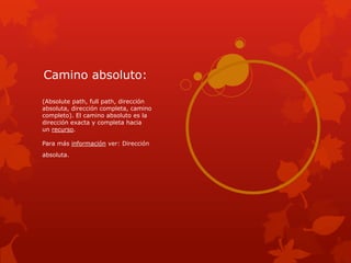 Camino absoluto:

(Absolute path, full path, dirección
absoluta, dirección completa, camino
completo). El camino absoluto es la
dirección exacta y completa hacia
un recurso.

Para más información ver: Dirección
absoluta.
 