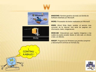 WINDOWS: Nombre genérico de toda una familia de
Software diseñado por Microsoft.
WORD: Procesador de textos realizados por Microsoft.
WWW: (Word Wide Web), posible, el servicio mas
conocido de la internet: una serie de paginas con
información, texto, imágenes,etc.
WEBCAM: Videocámara que registra imágenes a las
cuales se puede acceder desde un sitio web, en directo
o bien, en diferido.
WINZIP: Programa de Windows que permite comprimir
y descomprimir archivos en formato Zip.
¡
CONTINU
A ABAJO !
 