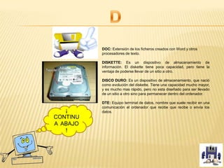 DOC: Extensión de los ficheros creados con Word y otros
procesadores de texto.
DISKETTE: Es un dispositivo de almacenamiento de
información. El diskette tiene poca capacidad, pero tiene la
ventaja de poderse llevar de un sitio a otro.
DISCO DURO: Es un dispositivo de almacenamiento, que nació
como evolución del diskette. Tiene una capacidad mucho mayor,
y es mucho mas rápido, pero no esta diseñado para ser llevado
de un sitio a otro sino para permanecer dentro del ordenador.
DTE: Equipo terminal de datos, nombre que suele recibir en una
comunicación el ordenador que recibe que recibe o envía los
datos.¡
CONTINU
A ABAJO
!
 