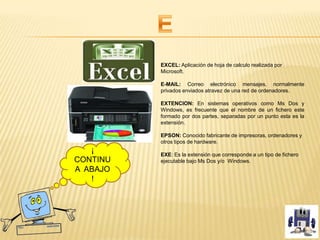 EXCEL: Aplicación de hoja de calculo realizada por
Microsoft.
E-MAIL: Correo electrónico mensajes, normalmente
privados enviados atravez de una red de ordenadores.
EXTENCION: En sistemas operativos como Ms Dos y
Windows, es frecuente que el nombre de un fichero este
formado por dos partes, separadas por un punto esta es la
extensión.
EPSON: Conocido fabricante de impresoras, ordenadores y
otros tipos de hardware.
EXE: Es la extensión que corresponde a un tipo de fichero
ejecutable bajo Ms Dos y/o Windows.
¡
CONTINU
A ABAJO
!
 