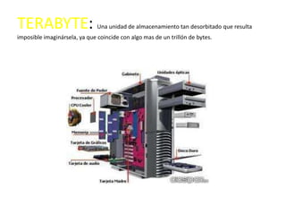 TERABYTE:                      Una unidad de almacenamiento tan desorbitado que resulta
imposible imaginársela, ya que coincide con algo mas de un trillón de bytes.
 