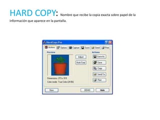 HARD COPY:                        Nombre que recibe la copia exacta sobre papel de la
información que aparece en la pantalla.
 