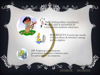 IrDA (Infrared Data Association).
I                 Sistema para la transmisión de
                  información mediante infrarrojos.


                      INTERNAUTA: Usuario que accede
                      a los servidores de Internet y navega
                      por sus páginas.



    ISP: Empresas o instituciones
    proveedoras de acceso a Internet para
    los particulares y las empresas.




                                ANTERIOR         SIGUIENTE
 