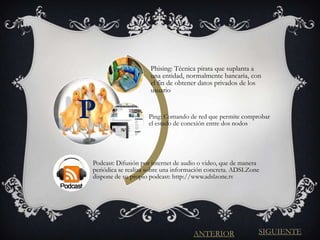 Phising: Técnica pirata que suplanta a
                     una entidad, normalmente bancaria, con
                     el fin de obtener datos privados de los
                     usuario


P                   Ping: Comando de red que permite comprobar
                    el estado de conexión entre dos nodos




Podcast: Difusión por internet de audio o video, que de manera
periódica se realiza sobre una información concreta. ADSLZone
dispone de su propio podcast: http://www.adslzone.tv




                                     ANTERIOR                SIGUIENTE
 