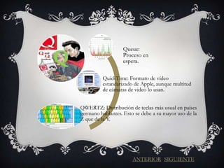 Queue:

Q                      Proceso en
                       espera.

             QuickTime: Formato de vídeo
             estandarizado de Apple, aunque multitud
             de cámaras de video lo usan.


    QWERTZ: Distribución de teclas más usual en países
    germano hablantes. Esto se debe a su mayor uso de la
    Z que de la Y.




                           ANTERIOR SIGUIENTE
 