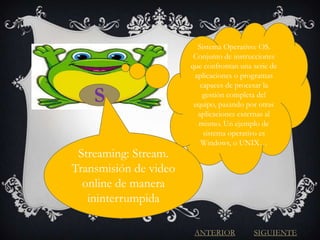 Sistema Operativo: OS.
                        Conjunto de instrucciones
                       que confrontan una serie de
                        aplicaciones o programas
                          capaces de procesar la
    S                      gestión completa del
                        equipo, pasando por otras
                         aplicaciones externas al
                         mismo. Un ejemplo de
                           sistema operativo es
                          Windows, o UNIX…
 Streaming: Stream.
Transmisión de video
  online de manera
   ininterrumpida

                        ANTERIOR          SIGUIENTE
 