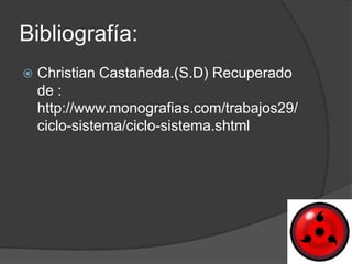 Bibliografía:
   Christian Castañeda.(S.D) Recuperado
    de :
    http://www.monografias.com/trabajos29/
    ciclo-sistema/ciclo-sistema.shtml
 