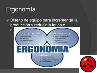 Ergonomía
   Diseño de equipo para incrementar la
    producción y reducir la fatiga o
    desconfor.
 