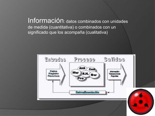 Información: datos combinados con unidades
de medida (cuantitativa) o combinados con un
significado que los acompaña (cualitativa)
 