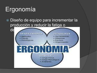 Ergonomía
   Diseño de equipo para incrementar la
    producción y reducir la fatiga o
    desconfor.
 