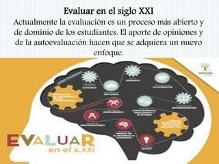 Evaluar en el siglo XXI
Actualmente la evaluación es un proceso más abierto y
de dominio de los estudiantes. El aporte de opiniones y
de la autoevaluación hacen que se adquiera un nuevo
enfoque.
 