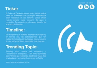 El Ticker de Facebook es una lista a tiempo real de
todas las actividades que los amigos de Facebook
están realizando en ese instante. Desde añadir
nuevos amigos hasta consumo de apps o
contenido. Se encuentra en el margen derecho del
apartado de Noticias.
Ticker
Es el espacio que muestra en orden cronológico y
en tiempo real, las actualizaciones que van
realizando todos los contactos que tiene un usuario
en una red social (sean personales o de marcas).
Timeline:
Trending topic («tema del momento» o
«tendencias»1 en español, TT de forma abreviada)
es el nombre que reciben las palabras o frases más
empleadas en un momento concreto en Twitter
Trending Topic:
Compartir este eBook
WWW.CARVAJALINFORMACION.COM
 