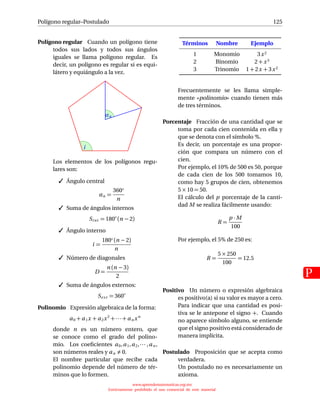Polígono regular–Postulado
P
125
Polígono regular Cuando un polígono tiene
todos sus lados y todos sus ángulos
iguales se llama polígono regular. Es
decir, un polígono es regular si es equi-
látero y equiángulo a la vez.
αn
i
Los elementos de los polígonos regu-
lares son:
 Ángulo central
αn =
360◦
n
 Suma de ángulos internos
Sint = 180◦
(n − 2)
 Ángulo interno
i =
180◦ (n − 2)
n
 Número de diagonales
D =
n (n − 3)
2
 Suma de ángulos externos:
Sext = 360◦
Polinomio Expresión algebraica de la forma:
a0 + a1x + a2x2
+ ··· + an xn
donde n es un número entero, que
se conoce como el grado del polino-
mio. Los coeﬁcientes a0,a1,a2,··· ,an ,
son números reales y an 0.
El nombre particular que recibe cada
polinomio depende del número de tér-
minos que lo formen.
Términos Nombre Ejemplo
1 Monomio 3x2
2 Binomio 2 +x3
3 Trinomio 1 + 2x + 3x2
Frecuentemente se les llama simple-
mente «polinomio» cuando tienen más
de tres términos.
Porcentaje Fracción de una cantidad que se
toma por cada cien contenida en ella y
que se denota con el símbolo %.
Es decir, un porcentaje es una propor-
ción que compara un número con el
cien.
Por ejemplo, el 10% de 500 es 50, porque
de cada cien de los 500 tomamos 10,
como hay 5 grupos de cien, obtenemos
5 × 10 = 50.
El cálculo del p porcentaje de la canti-
dad M se realiza fácilmente usando:
R =
p · M
100
Por ejemplo, el 5% de 250 es:
R =
5 × 250
100
= 12.5
Positivo Un número o expresión algebraica
es positivo(a) si su valor es mayor a cero.
Para indicar que una cantidad es posi-
tiva se le antepone el signo +. Cuando
no aparece símbolo alguno, se entiende
que el signo positivo está considerado de
manera implícita.
Postulado Proposición que se acepta como
verdadera.
Un postulado no es necesariamente un
axioma.
www.aprendematematicas.org.mx
Estrictamente prohibido el uso comercial de este material
 