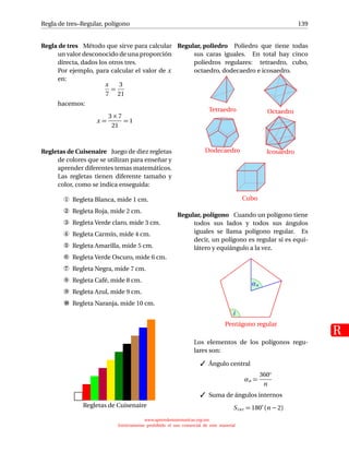 Regla de tres–Regular, polígono
R
139
Regla de tres Método que sirve para calcular
un valor desconocido de una proporción
directa, dados los otros tres.
Por ejemplo, para calcular el valor de x
en:
x
7
=
3
21
hacemos:
x =
3 × 7
21
= 1
Regletas de Cuisenaire Juego de diez regletas
de colores que se utilizan para enseñar y
aprender diferentes temas matemáticos.
Las regletas tienen diferente tamaño y
color, como se indica enseguida:
x Regleta Blanca, mide 1 cm.
y Regleta Roja, mide 2 cm.
z Regleta Verde claro, mide 3 cm.
{ Regleta Carmín, mide 4 cm.
| Regleta Amarilla, mide 5 cm.
} Regleta Verde Oscuro, mide 6 cm.
~ Regleta Negra, mide 7 cm.
 Regleta Café, mide 8 cm.
€ Regleta Azul, mide 9 cm.
 Regleta Naranja, mide 10 cm.
Regletas de Cuisenaire
Regular, poliedro Poliedro que tiene todas
sus caras iguales. En total hay cinco
poliedros regulares: tetraedro, cubo,
octaedro, dodecaedro e icosaedro.
Tetraedro Octaedro
Dodecaedro Icosaedro
Cubo
Regular, polígono Cuando un polígono tiene
todos sus lados y todos sus ángulos
iguales se llama polígono regular. Es
decir, un polígono es regular si es equi-
látero y equiángulo a la vez.
αn
i
Pentágono regular
Los elementos de los polígonos regu-
lares son:
 Ángulo central
αn =
360◦
n
 Suma de ángulos internos
Sint = 180◦
(n − 2)
www.aprendematematicas.org.mx
Estrictamente prohibido el uso comercial de este material
 