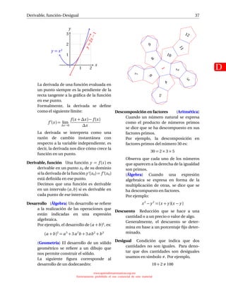 Derivable, función–Desigual
D
37
x
y
1 2
1
2
3
y=2x−1
y = x2
La derivada de una función evaluada en
un punto siempre es la pendiente de la
recta tangente a la gráﬁca de la función
en ese punto.
Formalmente, la derivada se deﬁne
como el siguiente límite:
f (x) = lim
∆x→0
f (x + ∆x) − f (x)
∆x
La derivada se interpreta como una
razón de cambio instantánea con
respecto a la variable independiente, es
decir, la derivada nos dice cómo crece la
función en un punto.
Derivable, función Una función y = f (x) es
derivable en un punto x0 de su dominio
si la derivada de la función y (x0) = f (x0)
está deﬁnida en ese punto.
Decimos que una función es derivable
en un intervalo (a,b) si es derivable en
cada punto de ese intervalo.
Desarrollo (Álgebra) Un desarrollo se reﬁere
a la realización de las operaciones que
están indicadas en una expresión
algebraica.
Por ejemplo, el desarrollo de (a +b)3, es:
(a +b)3
= a3
+ 3a2
b + 3ab2
+b3
(Geometría) El desarrollo de un sólido
geométrico se reﬁere a un dibujo que
nos permite construir el sólido.
La siguiente ﬁgura corresponde al
desarrollo de un dodecaedro:
1
2
3
4
5
6
7
8
9
10
11
12
Descomposición en factores (Aritmética)
Cuando un número natural se expresa
como el producto de números primos
se dice que se ha descompuesto en sus
factores primos.
Por ejemplo, la descomposición en
factores primos del número 30 es:
30 = 2 × 3 × 5
Observa que cada uno de los números
que aparecen a la derecha de la igualdad
son primos.
(Álgebra) Cuando una expresión
algebraica se expresa en forma de la
multiplicación de otras, se dice que se
ha descompuesto en factores.
Por ejemplo:
x2
− y 2
= (x + y )(x − y )
Descuento Reducción que se hace a una
cantidad o a un precio o valor de algo.
Generalmente, el descuento se deter-
mina en base a un porcentaje ﬁjo deter-
minado.
Desigual Condición que indica que dos
cantidades no son iguales. Para deno-
tar que dos cantidades son desiguales
usamos en símbolo . Por ejemplo,
10 + 2 100
www.aprendematematicas.org.mx
Estrictamente prohibido el uso comercial de este material
 