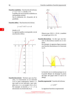 68
F
Función cuadrática–Función exponencial
Función cuadrática Una función de la forma:
y = a x2 +b x + c, donde a 0.
La gráﬁca de una ecuación cuadrática es
una parábola vertical.
Vea la deﬁnición de «Ecuación de la
parábola».
Función cúbica Una función de la forma:
y = a x3
+b x2
+ c x + d
donde a 0.
La siguiente gráﬁca corresponde a la de
una función cúbica:
x
−3 −2 −1 0 1 2
y
−8
−7
−6
−5
−4
−3
−2
−1
1
y = x3
Función decreciente Decimos que una fun-
ción f es decreciente en un intervalo
[a,b] si para cualesquiera valores u,v
que estén en ese intervalo y que cum-
plan con: u ≤ v, se cumple: f (u) ≥ f (v).
Por ejemplo, la función y = 2 − x2 es
decreciente en el intervalo (0,2):
Decreciente
x
0 0.5 1
f (x)
1
2
Observa que f (0.5)  f (1.0), y también
se cumple que: 0.5 ≤ 1.0.
Función discontínua Se dice que una fun-
ción es discontinua cuando no es con-
tínua.
Por ejemplo, la siguiente ﬁgura muestra
una función discontinua en el intervalo
[a,b]:
x
y
y = f (x)
ba
La función no es continua porque no se
le puede dibujar sin despegar la punta
del lápiz del papel sobre el cual se le
dibuja.
Función exponencial Función de la forma:
y = a (b)rx
La siguiente función es exponencial:
www.aprendematematicas.org.mx
Estrictamente prohibido el uso comercial de este material
 