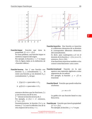 Función impar–Función par
F
69
x
−3 −2 −1 0 1 2 3
y
1
2
3
4
5
6
7
8
y = 2x
Función impar Función que tiene la
propiedad: f (−x) = −f (x).
En otras palabras, una función impar es
simétrica respecto del origen.
Por ejemplo, la función y = x3 es impar
(Vea la ﬁgura dada en la deﬁnición de
«Función cúbica»).
Función inversa Sea f una función con
dominio f y contradominio f . Si
existe una función g con dominio g y
contradominio g tal que:
i. f (g (x)) = x para toda x ∈ g
ii. g (f (x)) = x para toda x ∈ f
entonces decimos que las funciones f y
g son inversas una de la otra.
f −1 denota la función inversa de f .
Por ejemplo, si f (x) = x3, entonces,
f −1(x) = 3
x.
Geométricamente, la función f (x) y su
inversa f −1(x) son la reﬂexión una de la
otra respecto de la recta y = x.
x
−2 −1 1 2 3
y
−2
−1
1
2
3
f(x)=x3
f −1 (x) =
3
x
y
=
x
Función inyectiva Una función es inyectiva
si a diferentes elementos de su dominio
le corresponden diferentes elementos
del contradominio.
Es decir, para cualesquiera a,b en el
dominio de la función y = f (x), si a b,
entonces, f (a) f (b).
A las funciones inyectivas también se les
conoce como funciones «uno a uno».
Función irracional Función en la que
aparece una expresión algebraica como
argumento de un radical.
Por ejemplo, la función: y = x es
irracional.
Función lineal Función que puede reducirse
a la forma:
y = m x +b
La gráﬁca de una función lineal es una
línea recta.
Función par Función que tiene la propiedad:
f (−x) = f (x).
Por ejemplo, la función: y = x2 es par.
www.aprendematematicas.org.mx
Estrictamente prohibido el uso comercial de este material
 