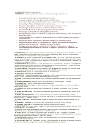 NEUROBLASTO : Célula nerviosa en división.
  NEUROCIENCIAS : Ciencias que estudian el sistema nervioso humano. Algunas de ellas son:


    •    Neuroanatomía: Estudio de la estructura del sistema nervioso.
    •    Neuroquímica: Estudio de las bases químicas de la actividad neuronal.
    •    Neuroendocrinología: Estudio de las interacciones entre el sistema nervioso y el sistema endocrino.
    •    Neuropatología: Estudio de los trastornos del sistema nervioso.
    •    Neurofarmacología: Estudio del efecto de los fármacos sobre la actividad nerviosa.
    •    Neurofisiología: Estudio de las funciones y actividades del sistema nervioso.
    •    Neuropsicología: Estudio de los efectos psicológicos de las lesiones cerebrales.
    •    Biopsicología: Estudio científico de la biología del comportamiento.
    •    Psicología fisiológica: Estudia los mecanismos neurológicos del comportamiento por medio de manipulación
         directa del cerebro.
    •    Psicofarmacología: Centra su estudio en la manipulación de la actividad nerviosa y del comportamiento
         mediante fármacos.
    •    Psicofisiología: Estudia la relación entre la actividad fisiológica y los procesos psicológicos.
    •    Neurociencia cognitiva: Estudia las bases neurales de la cognición (procesos intelectuales superiores:
         pensamiento, memoria, atención y procesos de percepción complejos).
    •    Psicología comparada: Aborda de manera general la biología del comportamiento, comparan el
         comportamiento de distintas especies y se centran en la genética, la evolución y la adaptabilidad del
         comportamiento.

   NEUROEDUCADO: Toda persona que a través de cursos, talleres y otros medios de formación del Sistema Línea de
Cambio , ha adquirido los conocimientos neurocientíficos y de ciencias afines que le permiten, comprender sus
propias conductas y las de las personas con las que interactúa.
   NEUROEDUCADOR : Persona capacitada en el Sistema Línea de Cambio , para actuar a nivel grupal, con el fin de
transmitir los conocimientos en neurociencias y ciencias afines que contribuyen al desarrollo humano en forma fácil
y comprensible para todos. Su finalidad última es la prevención del daño de los lóbulos prefrontales y la amígdala de
los niños de las nuevas generaciones.
   NEUROENTRENADO: Toda persona que a través del trabajo con un neuroentrenador del Sistema Línea de Cambio
, ha adquirido conocimientos neurocientíficos y de ciencias afines, con el fin de comprender, y cambiar sus propias
conductas y comprender las de las personas con las que interactúa.
   NEUROENTRENADOR : Persona capacitada en el Sistema Línea de Cambio como neuroeducador, pero que posee
además formación que lo capacita para contribuir al desarrollo de los LPF de otras personas.
   NEUROFISIOLOGIA : Estudio del funcionamiento normal del sistema nervioso.
   NEUROGENESIS : Desarrollo del sistema nervioso.
   NEUROLEPTICO : Grupo de drogas antisicoticas que producen indiferencia ante estímulos provenientes del mundo
interior o exterior al bloquear los receptores dopaminergicos de las neuronas.
   NEURONA : Célula especializada en la generación, transmisión y conducción de señales eléctricas (potenciales de
acción).
   NEURONA ESPINOSA MEDIA : Principal neurona de proyección de los núcleos caudado y putamen.
   NEURONA MOTORA : Neurona que inerva a un músculo esquelético.
   NEURONA PRIMARIA : Neurona que conecta directamente un músculo, una glándula o un órgano sensorial con el
sistema nervioso central.
   NEURONA MOTORA ALFA : Neurona ubicada en el asta anterior de la medula espinal y que inerva un musculo
esquelético.
   NEURONAS MOTORAS GAMMA : Neuronas motoras medulares relacionadas con la regulación de la longitud de los
husos musculares.
   NEURONAS MOTORAS PRIMARIAS : Son las neuronas ubicadas en la corteza frontal ascendente y son las
responsables de los movimientos voluntarios al controlar la actividad de las neuronas motoras inferiores ubicadas en
el tronco encefálico y la medula espinal.
   NEURONAS OLFATORIAS : Neuronas bipolares situadas en el epitelio olfatorio y que poseen receptores para los
olores.
   NEURONA POST SINÁPTICA : Es la neurona situada posteriormente al punto de la unión sináptica.
   NEURONA PRE SINÁPTICA : Es la neurona situada antes del punto de la unión sináptica.
   NEUROPEPTIDOS : Termino que engloba una gran cantidad de péptidos (sustancias proteicas) que funcionan como
neurotransmisores o neurohormonas.
   NEUROPILO : Ovillo denso de ramas axónicas o dendriticas y de las sinapsis entre ellas que se localiza entre los
cuerpos de neuronas en la sustancia gris encefálica y la medula espinal.
   NEUROPSICOLOGÍA : Disciplina que estudia los procesos psicológicos en base y correlación a los procesos
neuroanatomicos, neuroquimicos y neurofisiologicos del cerebro. En la practica se ocupa del estudio de personas con
daño cerebral de origen diverso (traumático, infeccioso, vascular).
   NEUROTRANSMISOR : Sustancia química liberada en la hendidura sináptica con el objeto de comunicar
información de una neurona a otra.
   NEUROTRANSMISOR MOLÉCULA PEQUEÑA : Se refiere a neurotransmisores de moléculas no peptidicas como ser la
acetilcolina, aminoácidos como glutamato, aspartato, GABA, glicina y las aminas biogenas.
 