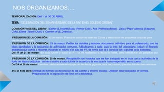 NOS ORGANIZAMOS….
TEMPORALIZACIÓN: Del 1 al 30 DE ABRIL.
TEMA: “CELEBRACIÓN DEL 300 ANIVERSARIO DE LA RAE EN EL COLEGIO OROBAL”
COMISIÓN “MES DEL LIBRO” : Esther (E.Infantil),Macu (Primer Ciclo), Ana (Profesora Neae) , Lidia y Pepe Valencia (Segundo
Ciclo), Elena (Tercer Ciclo) y Carmen Mª (E.Directivo).
1ªREUNIÓN DE LA COMISIÓN: 10 de marzo. Puesta en común de ideas los Ciclos y elaboración de propuesta conjunta para
decidir en cada ciclo.
2ªREUNIÓN DE LA COMISIÓN: 19 de marzo. Perfilar los detalles y elaborar documento definitivo para el profesorado, con las
ideas aprobadas y la secuencia de actividades comunes. Adjudicamos a cada aula la letra del abecedario, según el itinerario
alfabético que vamos a recorrer, iniciando el mismo el el aula de PT, de forma que la B coincida con la puerta de la biblioteca.
Del 17 al 21 de marzo: En cada tutoría y aulas de PT, se irá realizando la lluvia de ideas, para seleccionar las palabras que
definiremos en nuestro diccionario.
3ªREUNIÓN DE LA COMISIÓN: 25 de marzo. Recopilación de vocablos que se han trabajado en el aula con la actividad de la
lluvia de ideas y adjudicar de tres a cuatro a cada tutoría de acuerdo a la letra que le ha correspondido en su puerta.
Del 24 al 28 de marzo: Familias colaboradoras retropoyectan las letras gigantes para las puertas y para las banderolas exteriores.
31/3 al 4 de abril: Entrega del formato de decoración de las puertas y entorno escolar. Deberán estar colocados el viernes.
Preparación de la exposición de libros en la biblioteca.
 