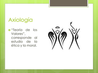 Axiología 
 “Teoría de los 
Valores”, 
corresponde al 
estudio de la 
ética y la moral. 
 