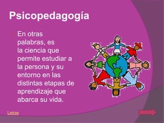 Psicopedagogía
    En otras
     palabras, es
     la ciencia que
     permite estudiar a
     la persona y su
     entorno en las
     distintas etapas de
     aprendizaje que
     abarca su vida.
Letras
 