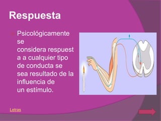 Respuesta
   Psicológicamente
    se
    considera respuest
    a a cualquier tipo
    de conducta se
    sea resultado de la
    influencia de
    un estímulo.

Letras
 