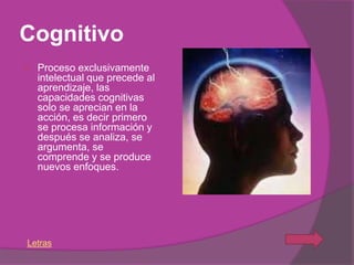 Cognitivo
   Proceso exclusivamente
    intelectual que precede al
    aprendizaje, las
    capacidades cognitivas
    solo se aprecian en la
    acción, es decir primero
    se procesa información y
    después se analiza, se
    argumenta, se
    comprende y se produce
    nuevos enfoques.




Letras
 