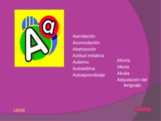 Asimilación
         Acomodación
         Abstracción
         Actitud imitativa
         Autismo             Afonía
         Autoestima          Alexia
         Autoaprendizaje     Abulia
                             Adquisición del
                                lenguaje.




Letras
 