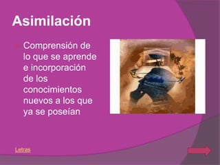 Asimilación
   Comprensión de
    lo que se aprende
    e incorporación
    de los
    conocimientos
    nuevos a los que
    ya se poseían



Letras
 
