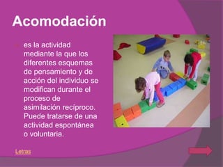 Acomodación
   es la actividad
    mediante la que los
    diferentes esquemas
    de pensamiento y de
    acción del individuo se
    modifican durante el
    proceso de
    asimilación recíproco.
    Puede tratarse de una
    actividad espontánea
    o voluntaria.

Letras
 