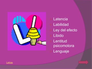  Latencia
          Labilidad
          Ley del efecto
          Libido
          Lentitud
           psicomotora
          Lenguaje


Letras
 