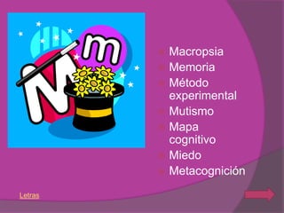  Macropsia
          Memoria
          Método
           experimental
          Mutismo
          Mapa
           cognitivo
          Miedo
          Metacognición

Letras
 
