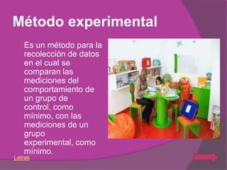 Método experimental
   Es un método para la
    recolección de datos
    en el cual se
    comparan las
    mediciones del
    comportamiento de
    un grupo de
    control, como
    mínimo, con las
    mediciones de un
    grupo
    experimental, como
    mínimo.
Letras
 