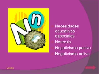  Necesidades
           educativas
           especiales
          Neurosis
          Negativismo pasivo
          Negativismo activo



Letras
 