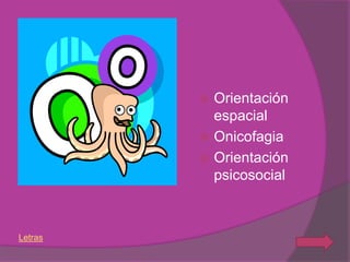  Orientación
           espacial
          Onicofagia
          Orientación
           psicosocial



Letras
 