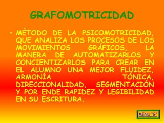 GRAFOMOTRICIDAD
• MÉTODO DE LA PSICOMOTRICIDAD,
  QUE ANALIZA LOS PROCESOS DE LOS
  MOVIMIENTOS      GRÁFICOS,    LA
  MANERA DE AUTOMATIZARLOS Y
  CONCIENTIZARLOS PARA CREAR EN
  EL ALUMNO UNA MEJOR FLUIDEZ,
  ARMONÍA                  TÓNICA,
  DIRECCIONALIDAD, SEGMENTACIÓN
  Y POR ENDE RAPIDEZ Y LEGIBILIDAD
  EN SU ESCRITURA.
 