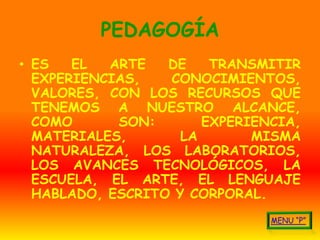 PEDAGOGÍA
• ES   EL  ARTE   DE    TRANSMITIR
  EXPERIENCIAS,   CONOCIMIENTOS,
  VALORES, CON LOS RECURSOS QUE
  TENEMOS A NUESTRO ALCANCE,
  COMO      SON:       EXPERIENCIA,
  MATERIALES,       LA       MISMA
  NATURALEZA, LOS LABORATORIOS,
  LOS AVANCES TECNOLÓGICOS, LA
  ESCUELA, EL ARTE, EL LENGUAJE
  HABLADO, ESCRITO Y CORPORAL.
 