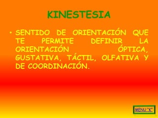 KINESTESIA
• SENTIDO DE ORIENTACIÓN QUE
  TE    PERMITE    DEFINIR    LA
  ORIENTACIÓN            ÓPTICA,
  GUSTATIVA, TÁCTIL, OLFATIVA Y
  DE COORDINACIÓN.
 