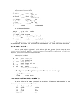 a/ Consonantes intercambiables:

   b – p bera:              - pera  estera
                  patzé:            - batzé pues
   g – k gemá:             - kemá cobija
                  konimí:           - gonimí arco iris
   r – l láboara:          - ráboara         vena
   r – g turía:            - tugía llevar agua
   r – k tore:                      - toke llevé
   r – t wichibera:        - wichibeta       zalea
   ~r – t         ~ripima:                   - tibima quedar

       b/ Vocales intercambiables:

   wa – o        wa´rú:     - o´rú   grande
   aorí: - awari táscate
   i – e síreke: - síriki   llegaron
   i – a sojáwichi:         - sojáwachi lugar del venado
                 bura
   i – u chukure:           - chukire         estuvo inclinado

       c/ Hay que notar que esta alternancia algunas veces no afecta el sentido de las palabras, pero otras sí;
en algunos casos, por ejemplo, sirve para cambiar de singular a plural; p. ej. ripima (sg) – tibima (pl): quedar.

4.- LIGADURA FONÉTICA

       a/ es un sonido (vocal o consonante), que se intercala entre otros dos para suavizar el paso de uno a
otro; no afecta el sentido de la palabra: es un simple puente. Algunas palabras pueden tomar varias de estas
ligaduras, que, en estos casos, resultan intercambiables.

       b/ Principales Ligaduras:

   A     pura     púara     ceñidor, faja
                  e´tzera   e´tzéara púa
   G     naraa    naragá    llorando
   J              buama     bujama salir (pl)
   W     naó      nawó      cuatro
   Y     naó      nayó      cuatro
                  na´ama    na´yama encender fuego

       c/ Estas ligaduras se pueden suprimir, aunque en muchos casos no es lo usual; p. ej.:

         koyachi: - koachi sombrero
         ~reyawi:          - ~reái hierba

5.- AUMENTO VOCÁLICO Y CONSONÁNTICO

      a/ es una vocal que se añade al principio de una palabra que comienza por consonante, o una
consonante a una palabra comenzada por vocal:

         oná:      - koná: - noná    sal
         o´tó:     - ko´to:                   frijolillo
         ena:      - jena                     aquí
         eyé:      - yeyé                     madre
         a´kaní:- iyé                         este
 