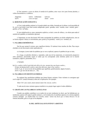 b/ Este aumento a veces no afecta el sentido de la palabra; otras veces sirve para formar plurales, o
verbos frecuentativos o enfáticos:

   chigórame               ladrón i´chíkorame          ladrones
   mu*ir                   cesto con tapa              émuri cestos

6.- REDUPLICACIÓN EXPLETIVA

      a/ Casi a toda palabra rarámuri se le puede añadir una sílaba, formada por la última vocal precedida de
K, con lo cual dicha vocal final resulta reduplicada: gomá –gomáka, remé –reméke, muní –muniki, ganó –
ganóko, su*nú –su*núku;

       b/ esta reduplicación es, pues, puramente expletiva, es decir, como de relleno, y no afecta para nada el
sentido de la palabra; es totalmente opcional;

       c/ Importante: en este diccionario NO están consignadas las palabras con dicha reduplicación, sino en
su forma original o básica; se encontrarán, pues, gomá (y no gomaka), ~remé (y no ~remeke), etc.

7.- PALABRAS HOMÓFONAS

       Son las que suenan lo mismo, pero significan distinto. El rarámuri tiene muchas de ellas. Para mayor
claridad, en este diccionario están registradas así:

       a/ al margen, (como todas las palabras que se van a explicar), aparece la palabra de que se trata;

       b/ y luego, en párrafos distintos y separados, cada una de las acepciones, en numeración progresiva
entre paréntesis, procurando seguir el orden que les corresponde como distintas partes de la oración
(sustantivo, adjetivo, pronombre, etc.):

       c/ Ejemplo:

ká (1) s. sombra: mí bo´ó ga´rá ká wirí allá en la otra margen hay una buena sombra…
    (2) pte. de kárema haber sombra: enaí a ká, nibí mira, aquí sí hay sombra…
    (3) O. F. gá. A// (a) es la raíz de las palabras que significan, genéricamente, alguna bondad..;
    (4) O. F. gá. Ger sim de nima ser… Etc.

8.- PALABRAS CON DISTINTAS FORMAS

       En rarámuri hay muchísimas palabras que tienen formas variantes. Estas variantes se consignan aquí
con la sigla O.F. (otra(s) forma(s)), antes de la explicación. Por ejemplo:

       Aborí O.F. aorí, waorí, awarí, kawarí, kaori. bot. táscate, enebro.

       Y cada una de estas variantes aparece también en su propio lugar según el orden alfabético.

9.- GRAFÍA DE LAS PALABRAS CASTELLANAS

       Cuando una palabra castellana va en medio de un texto tarahumar (es decir, que fue hablada por un
tarahumar), aparece allí según la grafía rarámuri, y en la traducción al castellano aparece en su forma española
correcta. Ejemplo: pe sinobia keke era Cenobia; orasio ~reweo rua dicen que se llama Horacio. Es un
sistema discutible, pero es el que se ha adoptado.


                            II. DEL ARTÍCULO, SUSTANTIVO Y ADJETIVO
 