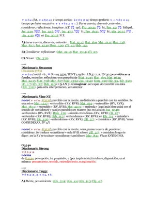 νοέω.(fut. νοήσω; 1 tiempo aoristo ἐνόησα; tiempo perfecto νενόηκα;
tiempo perfecto voz pasiva νενόημαι). Darse cuenta, discernir, entender,
considerar, reflexionar, imaginar. A.T. ‫ִבק‬‫ם‬ qal.; Pro_20:24. ‫ִבק‬‫ם‬ hi., Pro_1:2. ‫ִבק‬‫ם‬ hithpal.,
Jer_2:10. ‫ע‬ָָָ‫ע‬ , Isa_32:6. ‫ָרב‬ , Isa_47:7. ‫ָל‬‫כ‬ָָ hi., Pro_16:23. ‫ָב‬‫ׁש‬ָ‫ח‬ hi., 2Sa_20:15. ‫בב‬ִ‫ח‬ ,
1Sa_4:20. ַָ‫ל‬ָ‫י‬ ni. Pro_30:18. N.T.
A) darse cuenta, discernir, entender :. Mat_15:17; Mat_16:9; Mat_16:11; Mar_7:18;
Mar_8:17; Jua_12:40; Rom_1:20; 1Ti_1:7; Heb_11:3.
B) Considerar, reflexionar : Mat_24:15; Mar_13:14; 2Ti_2:7.
C) Pensar : Efe_3:20.
----
Diccionario Swanson
(Swanson 3783)
νοέω (noeō): vb.; ≡ Strong 3539; TDNT 4.948-1. LN 32.2; 2. LN 30.3 considerar a
fondo, entender, reflexionar con perspicacia (Mat_15:17; Mat_16:9, Mat_16:11;
Mat_24:15; Mar_7:18; Mar_8:17; Mar_13:14; Jua_12:40; Rom_1:20; Efe_3:4, Efe_3:20;
1Ti_1:7; 2Ti_2:7; Heb_11:3+); 3. LN 31.6 imaginar, ser capaz de concebir una idea
(Efe_3:20), para otra interpretación, ver anterior
----
Diccionario Vine NT
noeo (νοέω, G3539), percibir con la mente, en distinción a percibir con los sentidos. Se
usa así en Mat_15:17 : «entendéis» (RV, RVR); Mat_16:9 : «entendéis» (RV, RVR);
Mat_16:11 : «entendéis» (RV, RVR); Mat_24:15 : «entienda» (aquí más bien quizá con el
sentido de considerar) y pasajes paralelos en Marcos (no en Lucas); Jua_12:40 :
«entiendan» (RV, RVR); Rom_1:20 : «siendo entendidas» (RV, RVR); 1Ti_1:7 :
«entender» (RV, RVR); Heb_11:3 : «entendemos» (RV, RVR); en Efe_3:4 : «entender»
(RV, RVR); Efe_3:20 : «entendemos» (RV, RVR); 2Ti_2:7 : «considera» (RV, RVR). Véase
CONSIDERAR, Nº 3.¶
noeo (νοέω, G3539), percibir con la mente, nous, pensar acerca de, ponderar,
considerar. Se traduce «considerar» en la RVR solo en 2Ti_2:7 : «considera lo que te
digo»; en la RV se traduce «considerar» también en Mar_8:17. Véase ENTENDER.
G3540
Diccionario Strong
νόημα
nóema
de G3539; percepción, i.e. propósito, o (por implicación) intelecto, disposición, en sí
mismo: pensamiento, sentido, entendimiento, maquinación.
----
Diccionario Tuggy
νόημα, ατος, τό.
A) Mente, pensamiento : 2Co_3:14; 2Co_4:4; 2Co_11:3; Flp_4:7.
 