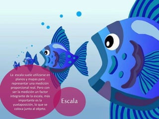 La escala suele utilizarse en
planos y mapas para
representar una medición
proporcional real. Pero con
ser la medición un factor
integrante de la escala, más
importante es la
yuxtaposición, lo que se
coloca junto al objeto.
Escala
 