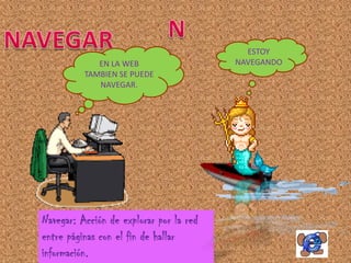ESTOY
             EN LA WEB                   NAVEGANDO
          TAMBIEN SE PUEDE
             NAVEGAR.




Navegar: Acción de explorar por la red
entre páginas con el fin de hallar
información.
 