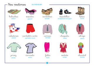 ������������             ne îmbrăcăm




��������        �������                ���������     ����������             �����
  papuci          pantofi                sandale   încălţăminte de sport     cizme




����������   ��������������             ������        ��������             ������
  şosete       pantaloni scurţi          cămaşă            haină            palton




  ������       ��������                 ������         �������             �������
  jerseu           tricou                 fustă           rochie            trening



                                           ��
 