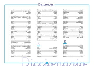�����������
Cazadora........................................ scurtă            Colores y pinceles ........... culori şi pensule                Derecha........................................ dreapta
Cazo............................... cratiţă cu mâner               Comedor .......................................... sufrageria   Desayuno .................................. mic dejun
Cebolla ............................................ ceapă         Comer ......................................... a mânca         Despertador ...........................deşteptător
Ceja.......................................... sprâncene           Comida.............................................prânz        Detrás .......................................... în spate
Cena................................................... cină       Comunicaciones ..................... comunicaţii                Día – sol .................................... zi – soare
Cepillo del pelo................ perie pentru păr                  Conejo.............................................iepure       Dibujar ....................................... a desena
Cepillo y pasta de dientes.......perie şi pastă de dinţi           Cono ...................................................con     Diciembre................................. decembrie
Cerca ..........................................aproape            Conserje..........................................portar        Diecinueve ..........................nouăsprezece
Cerdo ..................................carne de porc              Conserva .................................... conservă          Dieciocho ..............................optsprezece
Cereza........................................... cireaşă          Corbata .........................................cravată        Dieciséis ................................. şaisprezece
Cero .................................................. zero       Correr.......................................... a alerga       Diecisiete .......................... şaptesprezece
Cerrado ............................................închis         Cortina y persiana .......... perdea şi jaluzea                 Dientes...............................................dinţi
Chándal ......................................... trening          Corto................................................ scurt     Diez................................................... zece
Chaqueta.......................................... haină           Cremallera .................................... fermuar         Diferente......................................... diferit
Chilaba ......................................... chalaba          Cuaderno...........................................caiet        Difícil ................................................ greu
Chuleta............................................ cotlet         Cuadrado.........................................pătrat         Dirección ...................................... director
Ciclismo.......................................... ciclism         Cuarenta ....................................patruzeci          Doce ........... douăsprezece / doisprezece
Cielo y nubes ............................ cer şi nori             Cuarto ............................................... sfert    Doctora ...................................... doctoriţă
Cien................................................ o sută        Cuatro .............................................. patru     Domingo......................................duminică
Ciervo................................................ cerb        Cubo ...................................................cub     Dormir ...........................................a dormi
Cigüeña ............................................barză          Cubo de basura.................... coş de gunoi                 Dormitorio...................................dormitor
Cilindro .......................................... cilindru       Cuchara.......................................... lingură       Dos.......................................................doi
Cinco ................................................. cinci      Cuchillo ............................................. cuţit    Dos cuartos ......................... două sferturi
Cincuenta.................................... cincizeci            Cuna................................... pătuţ de copil
Cinturón ...........................................curea          Curvo ............................................. curbat
Círculo................................................cerc
Circunferencia ..................... circumferinţă                                                                                   E
Claro ............................ deschis la culoare
Coche............................................ maşină
Coche de bomberos...... maşină de pompieri
                                                                    D                                                              El campo .......................................... câmp
                                                                                                                                   Electricista ............................... electrician
Cocina ............................................ aragaz         Dátil ............................................. curmală     Elefante......................................... elefant
Cocinera ................................ bucătăreasă              Debajo.............................. dedesubt / sub             Enchufe .............................................priză
Cocodrilo...................................... crocodil           Dedo ............................................... deget      Encima ....................................... deasupra
Codo ................................................... cot       Delante .......................................... în faţă      Enero............................................ ianuarie
Colchón ........................................... saltea         Delfín................................................ delfin   Entero ............................................. întreg
Coliflor........................................ conopidă          Delgado.............................................. slab      Escoba .......................................... mătură
Colonia y laca........colonie şi fixativ pentru păr                Dentro......................................... înăuntru        Escuchar .................................... a asculta
Colorear ...............................................coloraţi   Deportes ...................................... sporturi        Esfera............................................... sferă
 