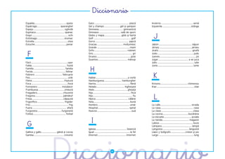 �����������
Espalda.............................................spate         Gato ................................................ pisică      Invierno ............................................. iarnă
Espárrago................................ sparanghel              Gel y champú ......................gel şi şampon                  Izquierda ........................................stânga
Espejo ........................................... oglindă        Gimnasia.................................. gimnastică
Espinaca........................................ spanac           Gimnasio .............................. sală de sport
Esquí .................................................. schi
Estómago......................................stomac
Estrella ...............................................stea
                                                                  Globo y mapa........................glob şi hartă
                                                                  Golf .................................................... golf
                                                                  Gorra ............................................... şapcă
                                                                                                                                      J
Estuche ............................................penar         Gracias .................................... mulţumesc            Jabón .............................................. săpun
                                                                  Grande ..............................................mare         Jersey ............................................. jerseu
                                                                  Grifo .............................................. robinet      Jirafa ............................................... girafă

  F                                                               Gris....................................................... gri
                                                                  Grueso................................................gras
                                                                  Guantes......................................... mânuşi
                                                                                                                                    Judo ...................................................judo
                                                                                                                                    Jueves...................................................joi
                                                                                                                                    Jugar .......................................... a se juca
Fácil....................................................uşor                                                                       Julio ................................................... iulie
Falda ................................................ fustă                                                                        Junio ................................................. iunie
Familia............................................ familia
Farola ..............................................felinar        H
Febrero ...................................... februarie
Feo..................................................... urât
Filete .............................................friptură
                                                                  Hablar.............................................a vorbi
                                                                  Hamburguesa ........................ hamburgher
                                                                                                                                      K
Foca ...................................................focă      Harina................................................ făină      Kimono...................................... chimonou
Fontanero ................................. instalator            Helado....................................... îngheţată           Kiwi .....................................................kiwi
Frambuesa ....................................zmeură              Hielo...............................................gheaţă
Fregadero.................................... chiuvetă            Hija..................................................... fiică
Fregona....................................... pămătuf
Fresa ............................................căpşună
Frigorífico...................................... frigider
                                                                  Hijo....................................................... fiu
                                                                  Hípica ............................................. călărie
                                                                  Hola...................................................bună
                                                                                                                                      L
Frío...................................................... frig   Hombro ............................................ umăr          La calle........................................... strada
Fuera................................................ afară       Hospital............................................ spital       La casa.............................................. casa
Furgoneta ................................. furgonetă             Huevos ................................................ouă        La clase.............................................clasa
Fútbol.............................................. fotbal                                                                         La cocina....................................bucătăria
                                                                                                                                    La escuela .......................................şcoala


  G                                                                  I                                                              La tienda..................................... magazin
                                                                                                                                    Labios ............................................... buze
                                                                                                                                    Lámpara .......................................... lampă
                                                                  Iglesia........................................... biserică       Langosta ..................................... langustă
Gallina y gallo ..................... găină şi cocoş              Igual .................................................. la fel   Lápiz y bolígrafo ....................creion şi pix
Gamba.......................................... crevete           Internet ........................................ Internet        Largo ................................................. lung
 