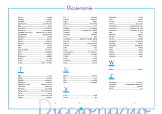 �����������
Sartén ..............................................tigaie      Tía................................................. mătuşă      Vaqueros........................................... blugi
Satélite ...........................................satelit      Tienda ......................................... magazin         Vaso.................................................pahar
Secador........................................ uscător          Tigre ................................................. tigru    Vecina ............................................ vecină
Secretaría ............................... secretariat           Tijeras ......................................... foarfecă       Veinte ........................................ douăzeci
Seis ................................................... şase    Tío.................................................... unchi    Veintidós........................... douăzeci şi doi
Semáforo .....................................semafor            Toallas........................................ prosoape         Veintitrés ......................... douăzeci şi trei
Sentarse................................... a se aşeza           Tocador....................... măsuţă de toaletă                 Veintiuno ......................... douăzeci şi unu
Señales de tráfico ......semne de circulaţie                     Tomate ............................................. roşie       Velo ..................................................... văl
Septiembre .............................septembrie               Tornado ....................................... tornado          Ventana ...........................................geam
Serpiente ......................................... şarpe        Toro ................................................... taur    Verano ...............................................vară
Sesenta.......................................... şaizeci        Tostadora .............. aparat de prăjit pâine                  Verde ...............................................verde
Setas............................................ ciuperci       Tractor.......................................... tractor        Verduras .....................................zarzavat
Setenta ..................................... şaptezeci          Trece.....................................treisprezece           Vestido ...........................................rochie
Siete ................................................şapte      Treinta ..........................................treizeci       Vestidos.....................................îmbrăcaţi
Silla ................................................. scaun    Tren ................................................... tren    Vídeo ............................................... video
Silla de bebé ................................cărucior           Tres..................................................... trei   Viejo................................................. vechi
Sofá ............................................ canapea        Tres cuartos .......................... trei sferturi            Viento ............................................... vânt
Solo................................................. singur     Triángulo ...................................... triunghi        Viernes............................................. vineri
Sombrero ....................................... pălărie         Triste ................................................. trist   Voleibol ............................................. volei
Soñar .............................................. a visa      Túnel ................................................ tunel


                                                                                                                                  W
Sucio ............................................. murdar       Turbante ........................................ turban
Suyo..................................... al lui / al său        Tuyo.................................................al tău



  T                                                                U                                                              Water .............................................. closet


Taxi .....................................................taxi
Taza ...............................................ceaşcă
                                                                 Último ............................................ ultimul
                                                                 Uno .....................................................unu
                                                                                                                                    Z
Tejado......................................... acoperiş         Uña................................................. unghie
Teléfono........................................ telefon         Uva.............................................. strugure       Zanahoria ......................................morcov
Teléfono y Fax .....................telefon şi fax                                                                                Zapatillas.................încălţăminte de sport


                                                                   V
Televisor .....................................televizor                                                                          Zapatos......................................... pantofi
Tenedor ...................................... furculiţă                                                                          Zumo................................................... suc
Tengo sed ............................ îmi este sete
Tenis .................................................tenis
Ternera ................................carne de vită            Vaca.................................................. vacă
Tetera ............................................ceainic       Vacío....................................................gol
 